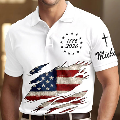 USA 250th Anniversary Polo Shirt 1776-2026, USA Flag Ripped Design Polo