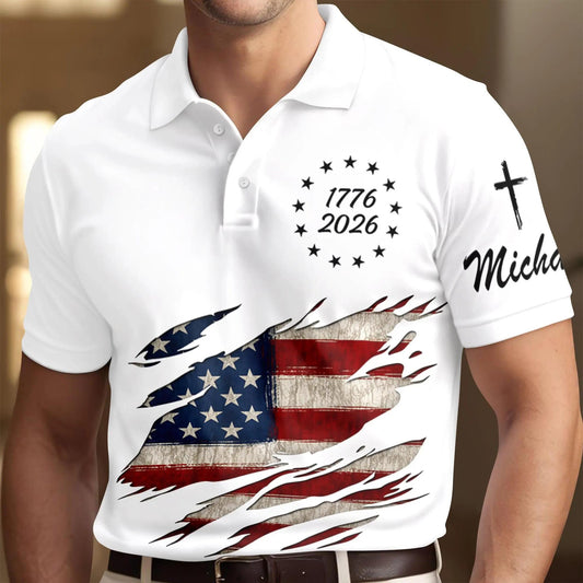 USA 250th Anniversary Polo Shirt 1776-2026, USA Flag Ripped Design Polo