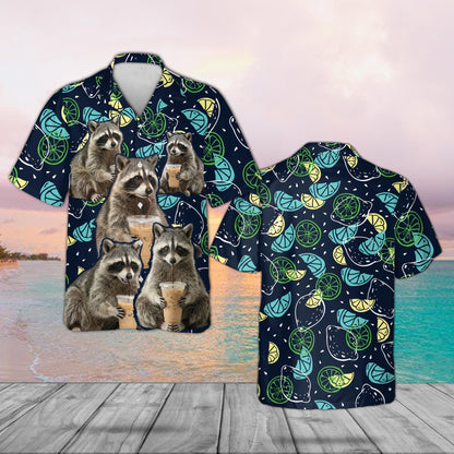 Raccoon Drinking Coffee Party Wear Hawaiian Shirt for Men Women