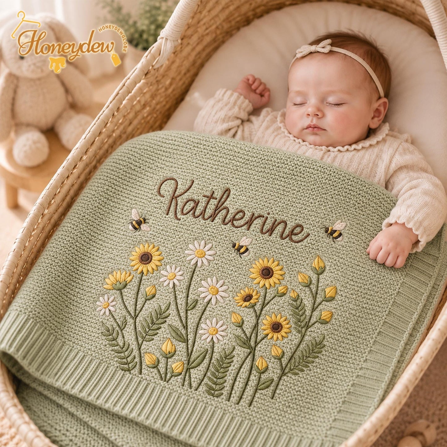 Embroidered Personalized Sun Flowers with Bee Baby Blanket