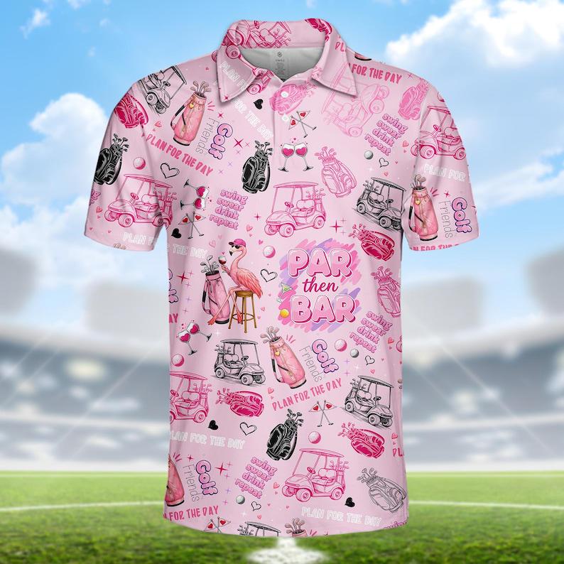 Cute Pink Flamingo Golf Cart Pattern Shirt, Tropical Summer Golf Shirt for Men, Funny Vacation Beach Shirt, Casual Resort Style Top
