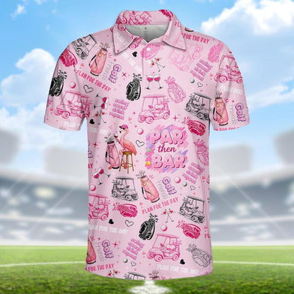 Cute Pink Flamingo Golf Cart Pattern Shirt, Tropical Summer Golf Shirt for Men, Funny Vacation Beach Shirt, Casual Resort Style Top