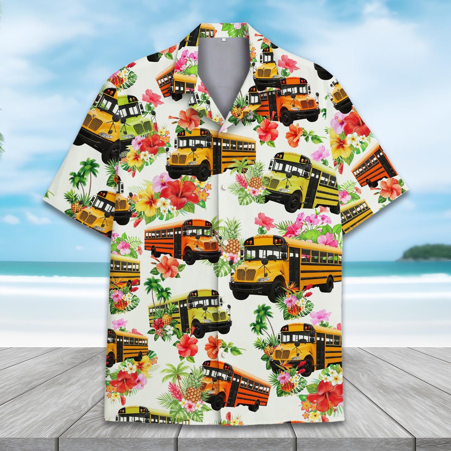 Funny School Bus Hawaiian Shirt for Men Women Youth, Tropical Hibiscus Floral Summer Shirt,