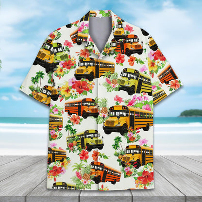 Funny School Bus Hawaiian Shirt for Men Women Youth, Tropical Hibiscus Floral Summer Shirt,