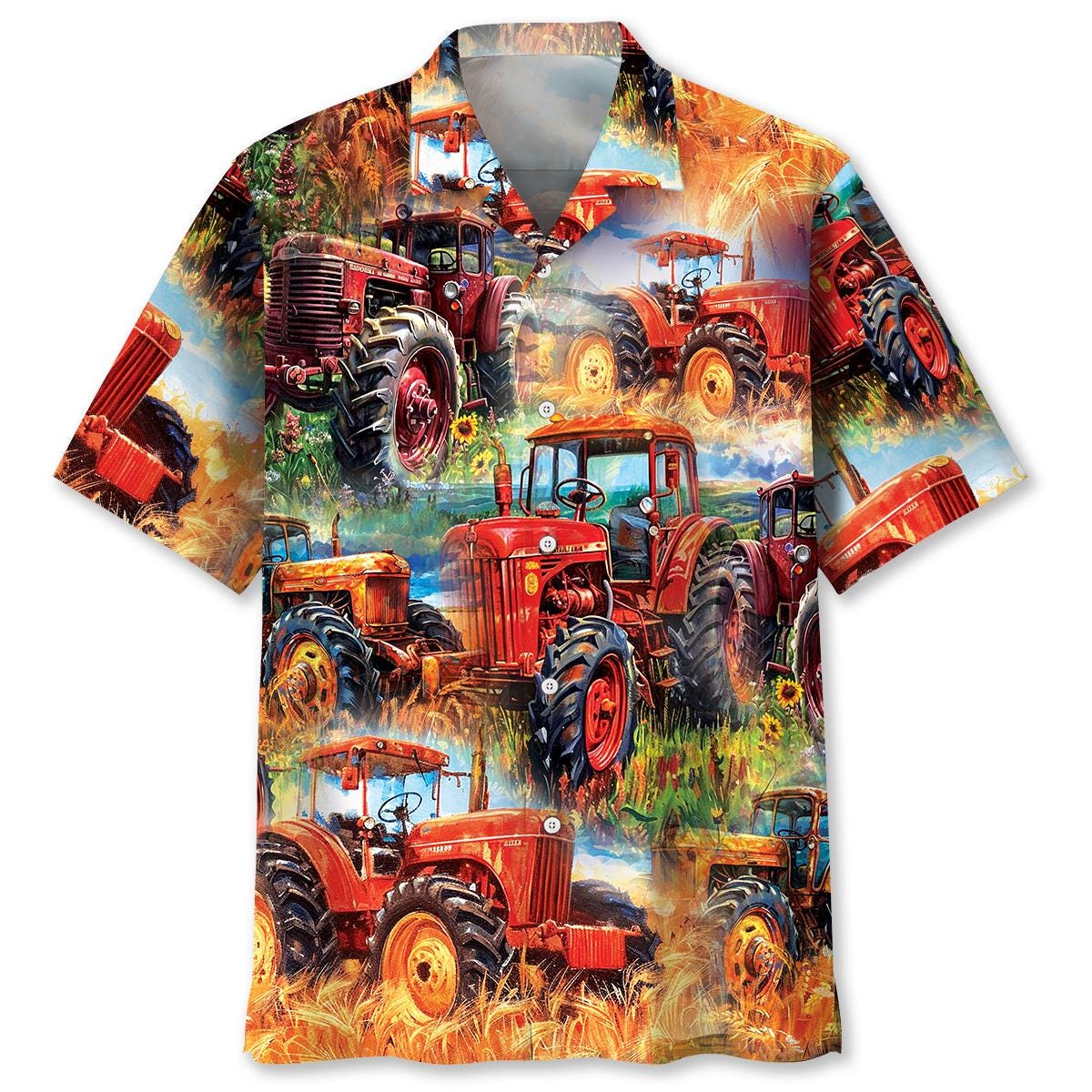 Vintage Red Tractor Hawaiian Shirt, Farm Art Aloha Shirt