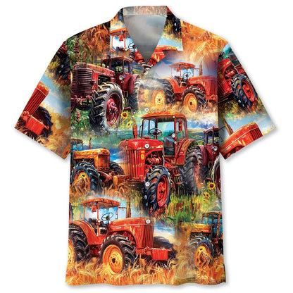 Vintage Red Tractor Hawaiian Shirt, Farm Art Aloha Shirt