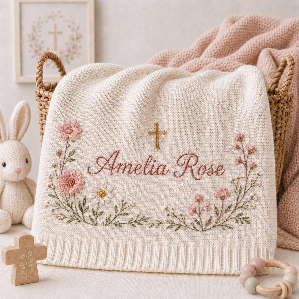Personalized Embroidery Floral Cross Baby Blanket