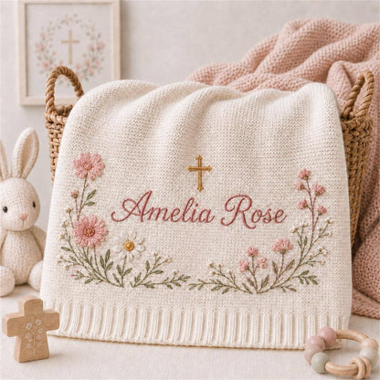 Personalized Embroidery Floral Cross Baby Blanket