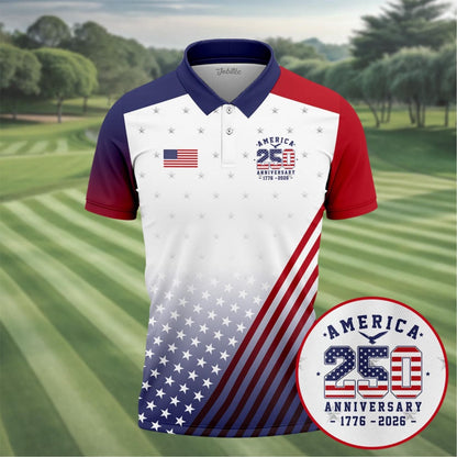 America 250th Anniversary Golf Polo Shirt, Patriotic USA Flag Golf Shirt