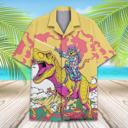 Astronaut Cat Riding Dinosaur Hawaiian Shirt