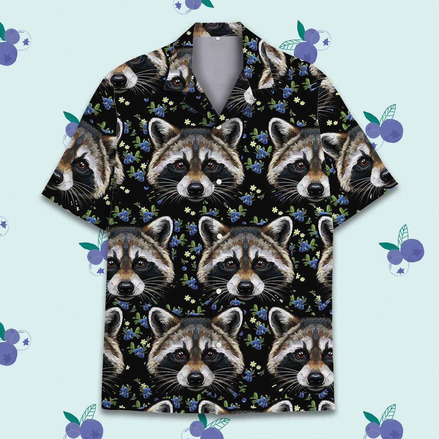 Raccoon Hawaiian Shirt for Men Women Youth, Blue Berry & Raccoon Print