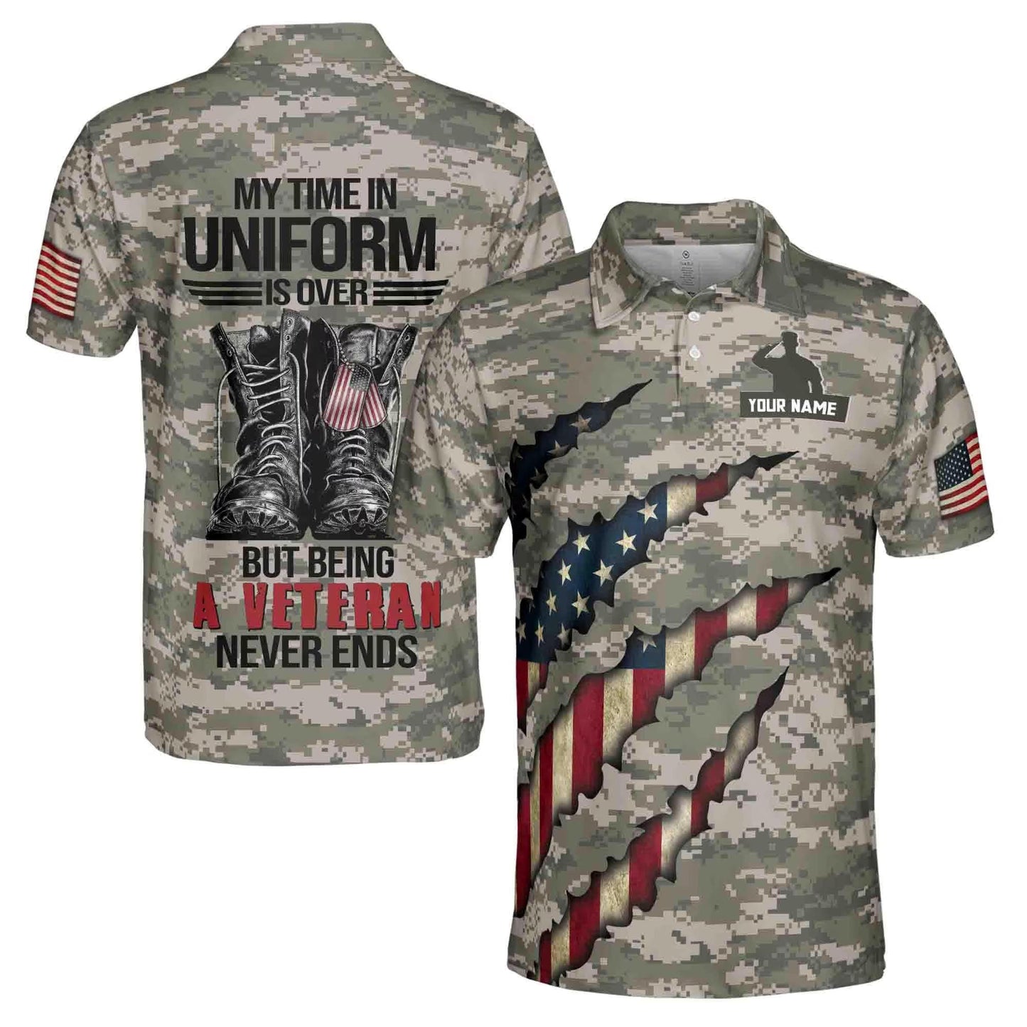Custom Veteran Polo Shirt, Military Camo USA Flag Shirt for Men