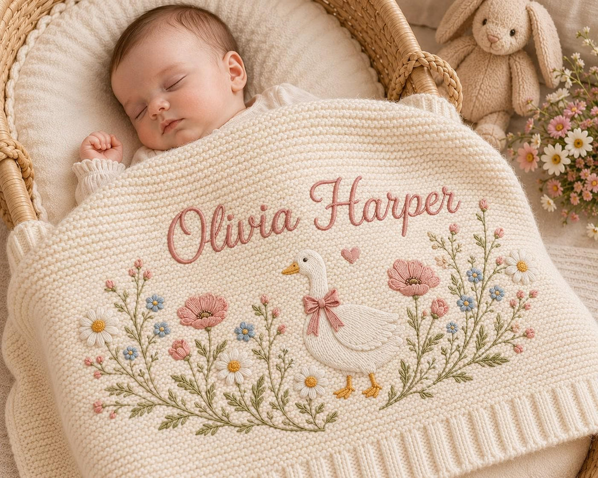 Embroidered Flower Cotton Blanket, Custom Name Baby Blanket