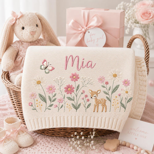 Personalized Baby Embroidery Blanket with Name Flower