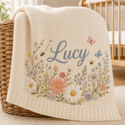Personalized Floral And Butterfly Baby Blanket Embroidery