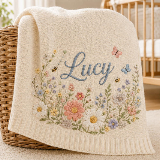 Personalized Floral And Butterfly Baby Blanket Embroidery