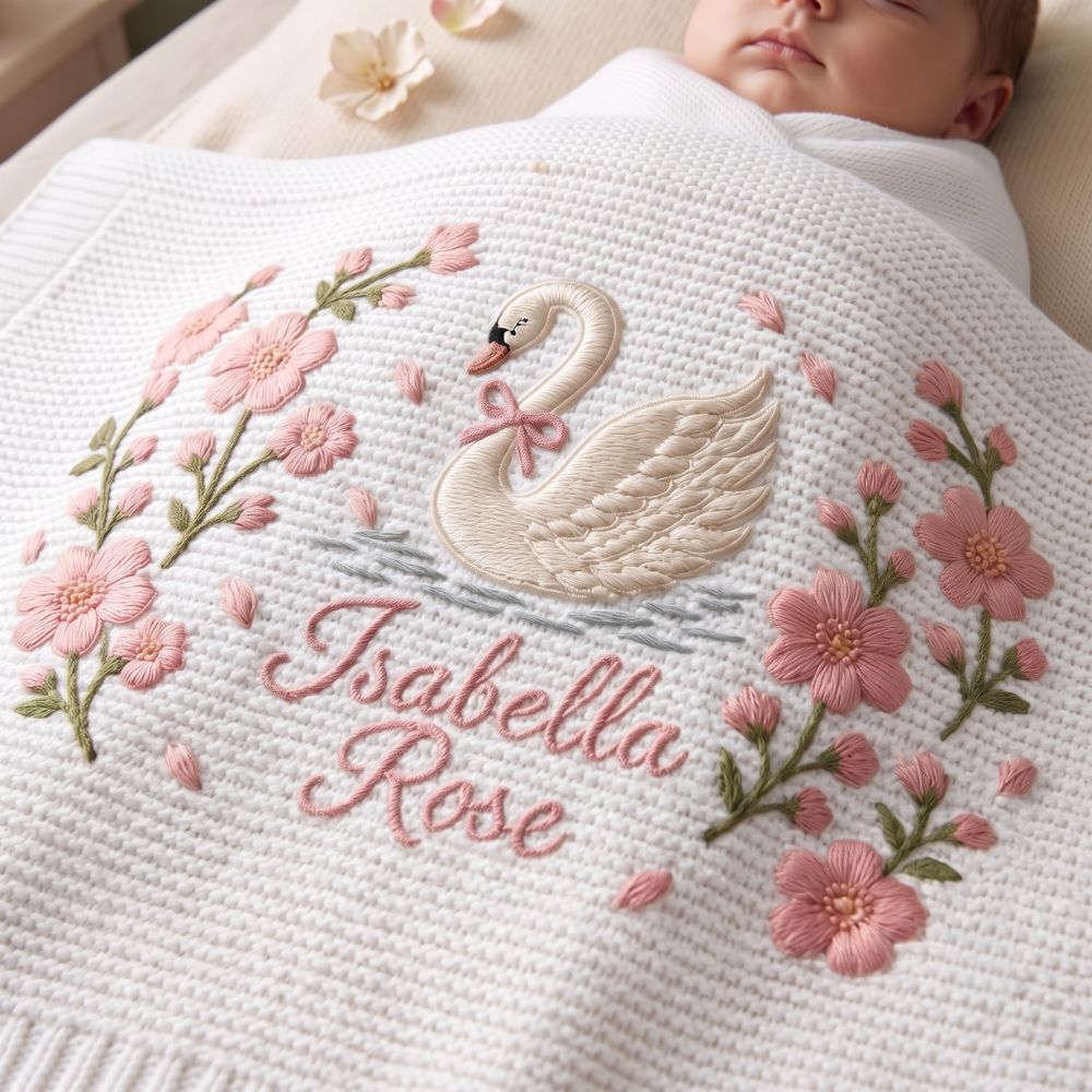 Personalized Knit Swan Baby Blanket Name Custom Embroidered Princess Swan
