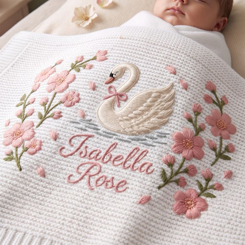 Personalized Knit Swan Baby Blanket Name Custom Embroidered Princess Swan