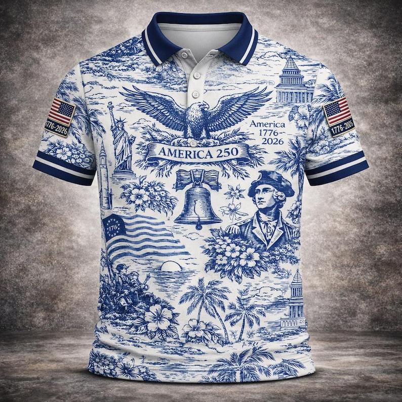 America 250 Polo Shirt, Vintage Patriotic USA Eagle Golf Shirt for Men