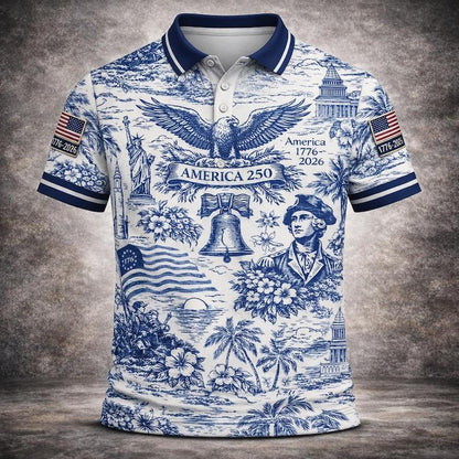 America 250 Polo Shirt, Vintage Patriotic USA Eagle Golf Shirt for Men