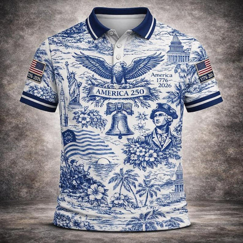 America 250 Polo Shirt, Vintage Patriotic USA Eagle Golf Shirt for Men