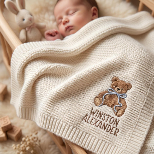 Personalized Embroidered Teddy Bear Baby Blanket