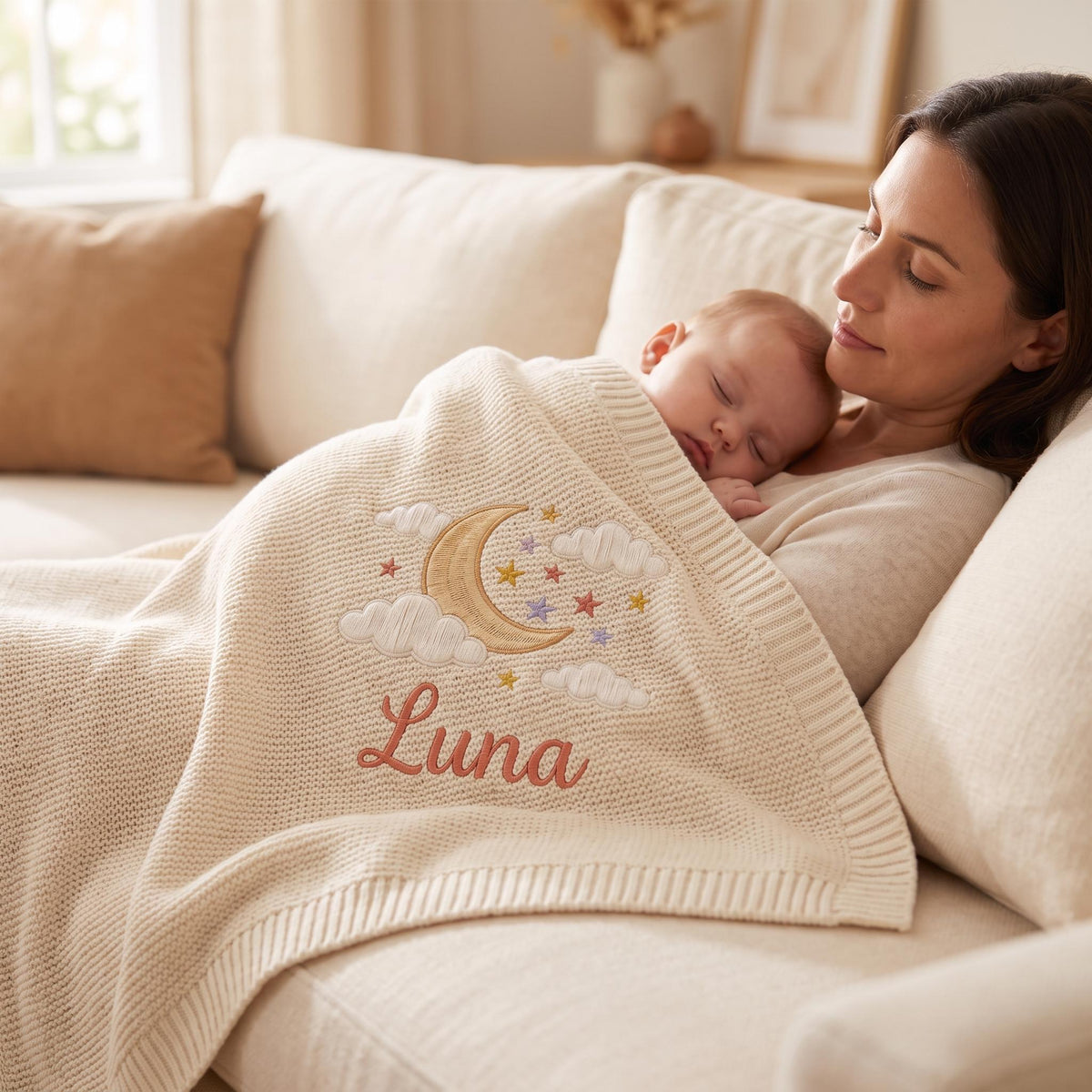 Custom Moon& Star Baby Knitted Embroidery Blanket