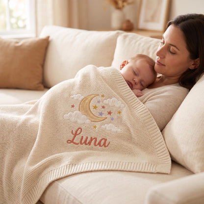 Custom Moon& Star Baby Knitted Embroidery Blanket