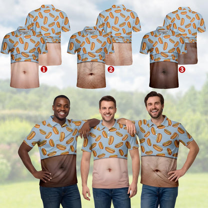 Hot Dog Belly Polo Shirt for Men, Dad Bod Illusion Shirt, BBQ Party Polo