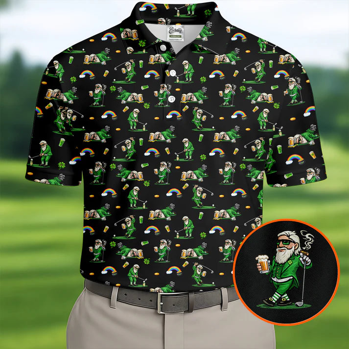 St Patrick's Day Leprechaun Character Golf And Beer Black Golf Shirt