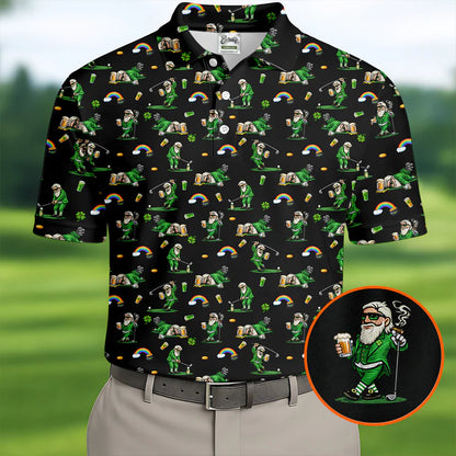 St Patrick's Day Leprechaun Character Golf And Beer Black Golf Shirt