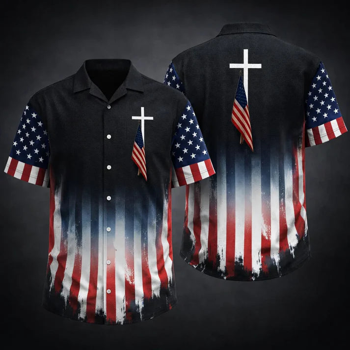 USA Flag Hawaiian Shirt Cross Patriotic American Faith Shirt