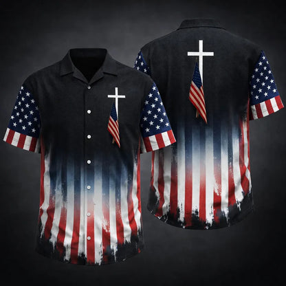USA Flag Hawaiian Shirt Cross Patriotic American Faith Shirt