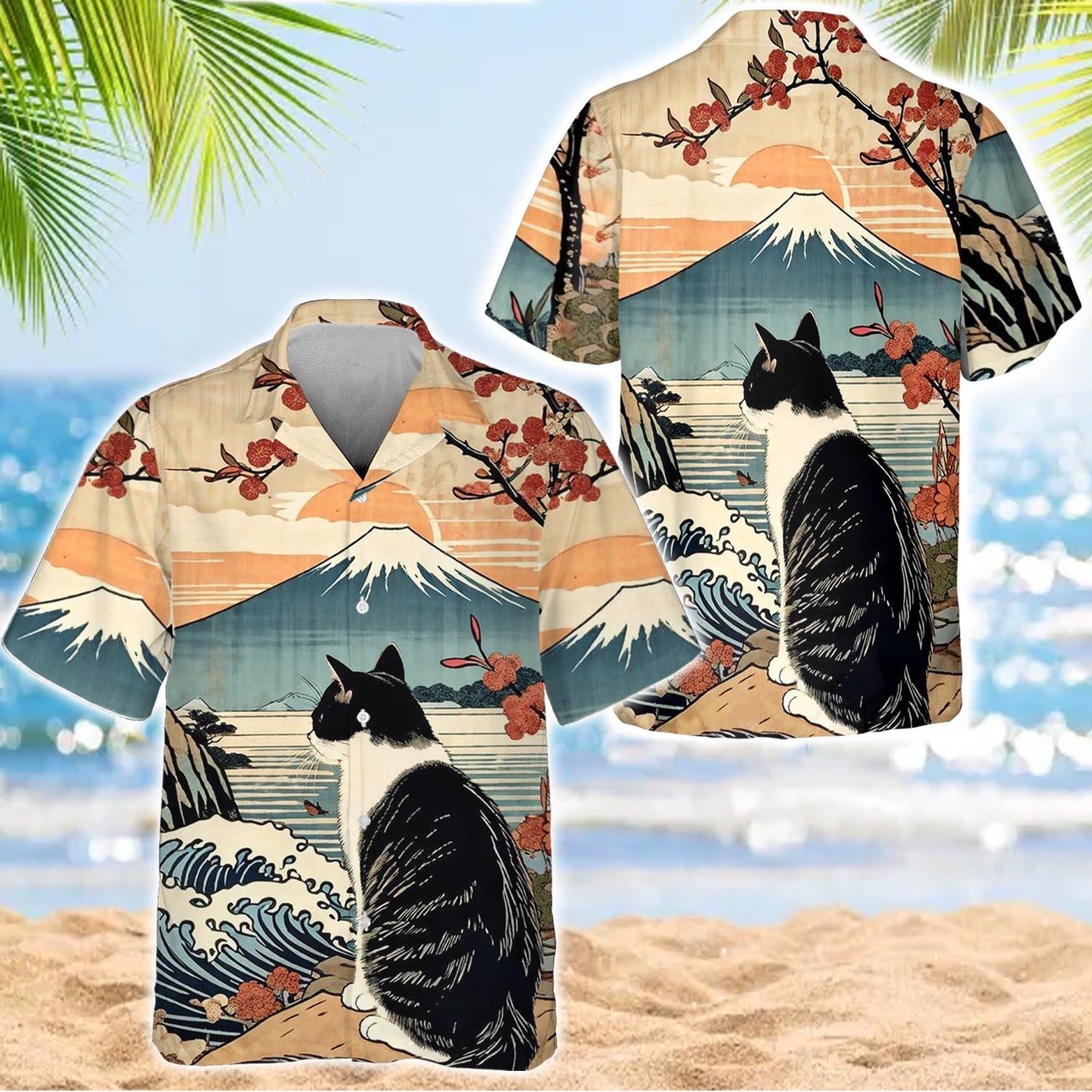 Caseyathletic Cat And Mount Fuji Hawaiian Shirt