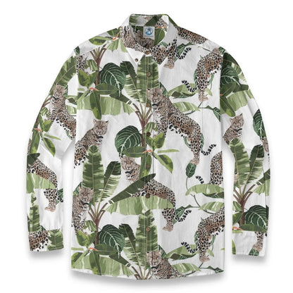 Hawaiian style watercolor leopard print shirt with palm tree print