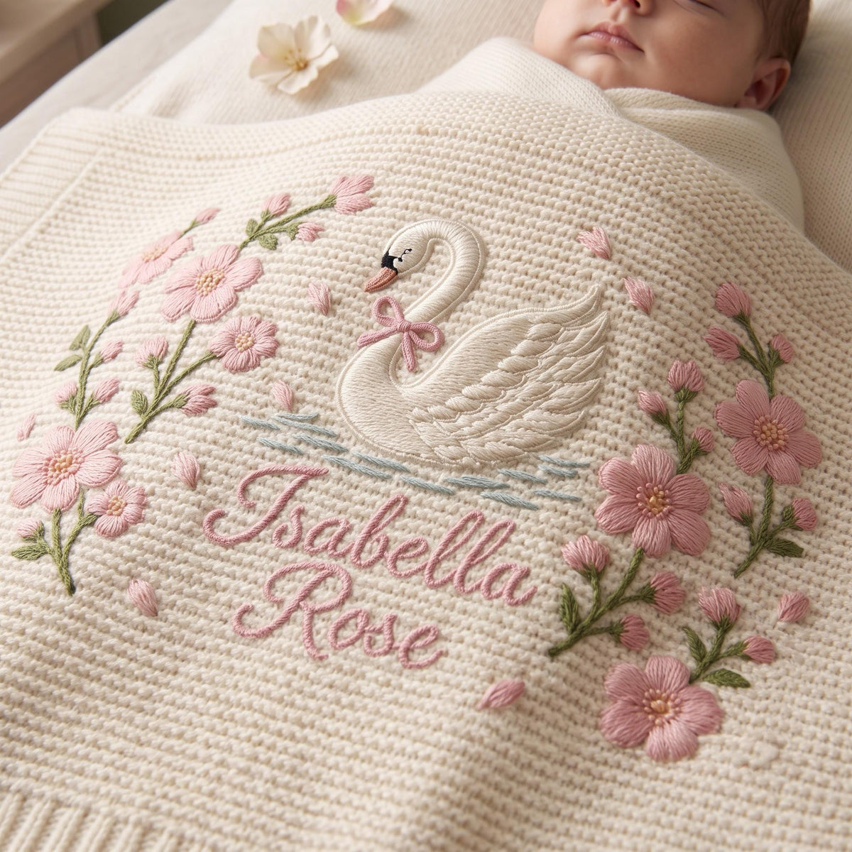 Personalized Knit Swan Baby Blanket Name Custom Embroidered Princess Swan