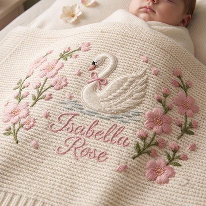 Personalized Knit Swan Baby Blanket Name Custom Embroidered Princess Swan