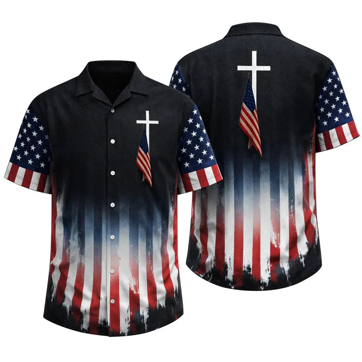 USA Flag Hawaiian Shirt Cross Patriotic American Faith Shirt