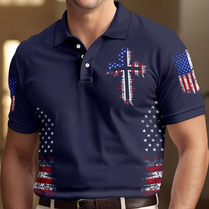 Christian Cross American Flag Polo Shirt for Men