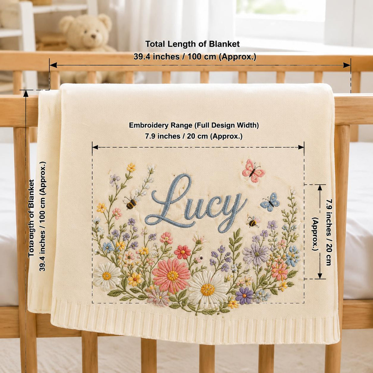 Personalized Floral And Butterfly Baby Blanket Embroidery