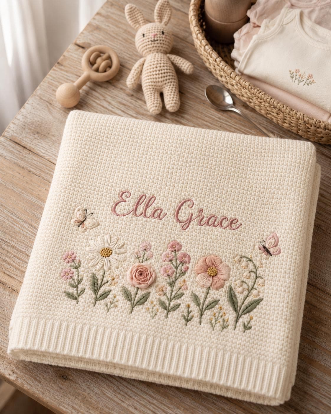 Personalized Floral Embroidered Baby Blanket