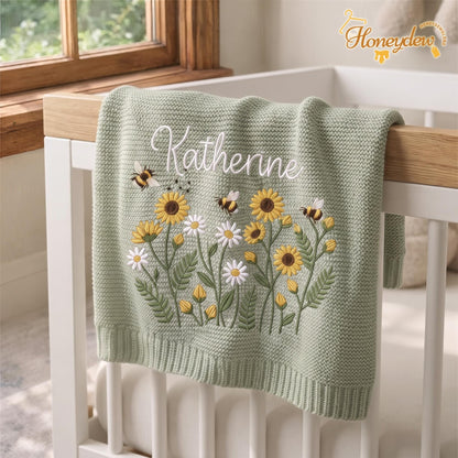 Embroidered Personalized Sun Flowers with Bee Baby Blanket