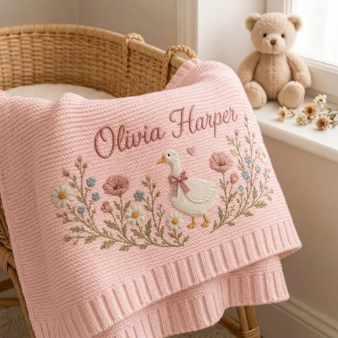 Personalized Knit Vintage Goose Baby Embroidery Blanket Name