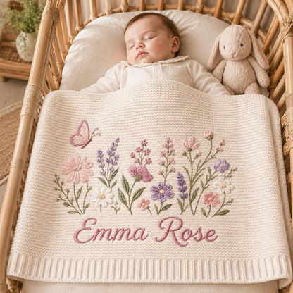 Personalized Embroidery Floral Knit Baby Blanket