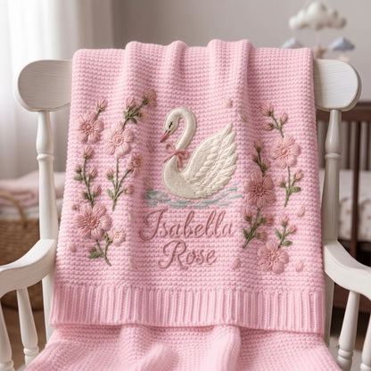 Personalized Knit Swan Baby Blanket Name Custom Embroidered Princess Swan