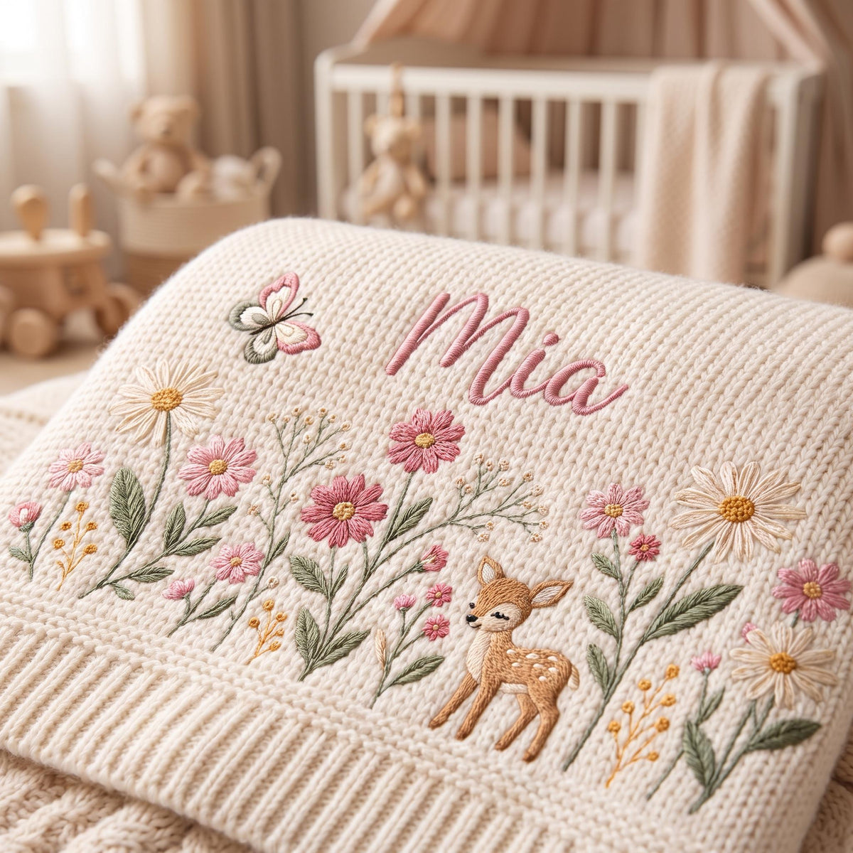 Personalized Baby Embroidery Blanket with Name Flower
