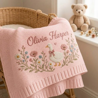 Embroidered Flower Cotton Blanket, Custom Name Baby Blanket