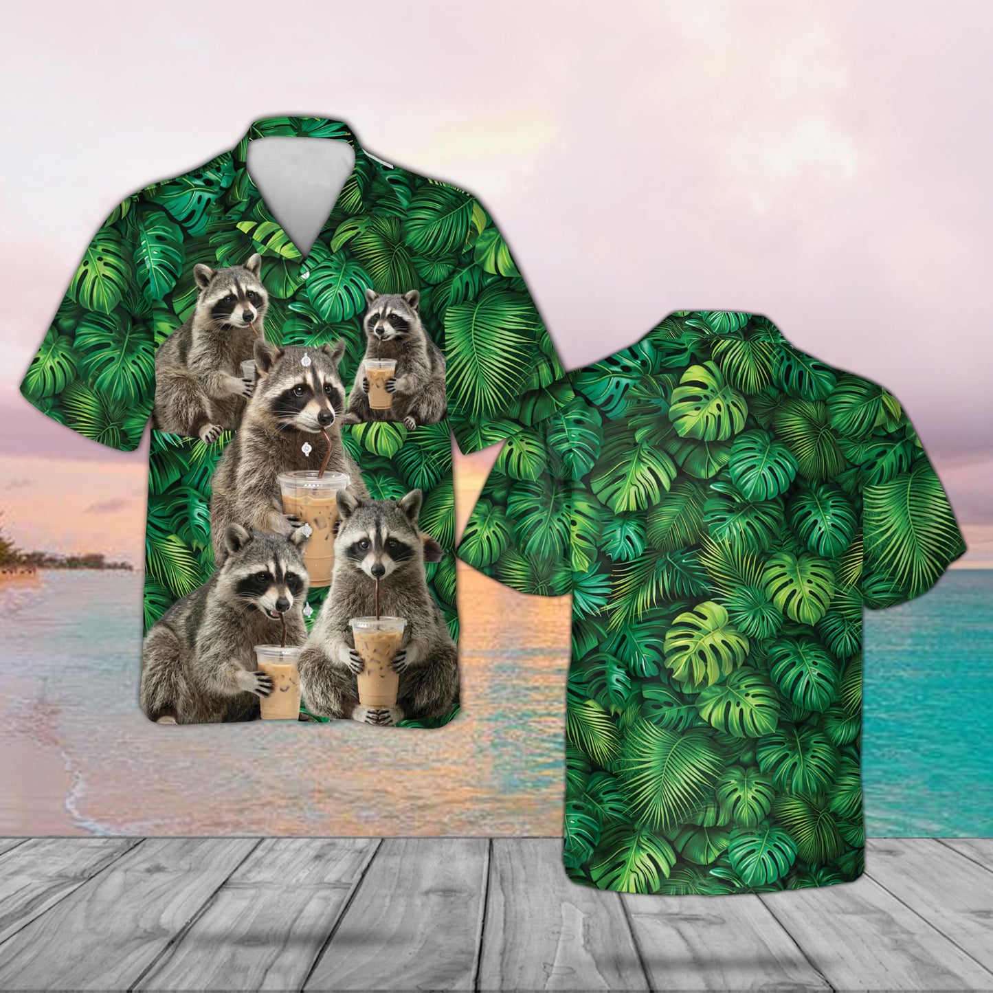 Raccoon Drinking Coffee Party Wear Hawaiian Shirt for Men Women