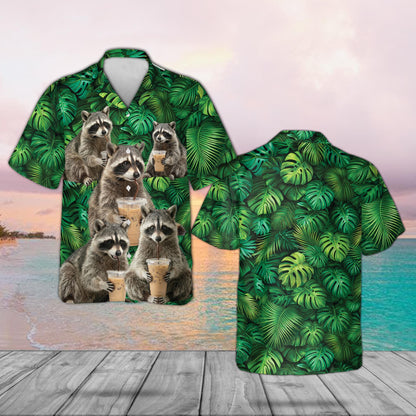 Raccoon Drinking Coffee Party Wear Hawaiian Shirt for Men Women