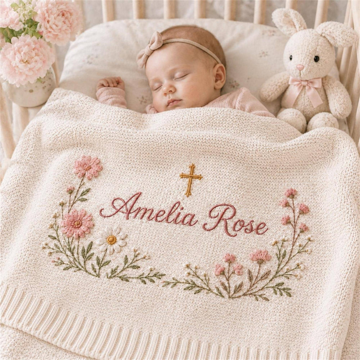 Personalized Embroidery Floral Cross Baby Blanket
